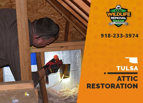Wildlife Pest Control operator inspecting an attic in Tulsa before restoration